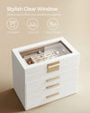 SONGMICS 4-Layer Jewelry Box with 3 Drawers and Glass Lid Cloud White and Gold Color