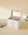 SONGMICS 4-Layer Jewelry Box with 3 Drawers and Glass Lid Cloud White and Gold Color