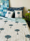 Cotton Kantha summer quilt/ Bedspread/ Coverlet/Throw/Blanket - Fresh Blue Palm Tree Hand block printed Kantha Quilt