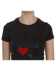 EXTE Black Hearts Print Crew Neck Blouse 42 IT Women